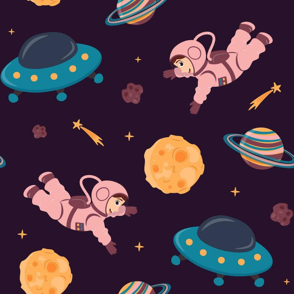 sans couture modèle de ouvert espace avec mignonne astronaute, lune, tournage étoiles, vaisseaux spatiaux, planètes avec anneaux dans dessin animé style. vecteur