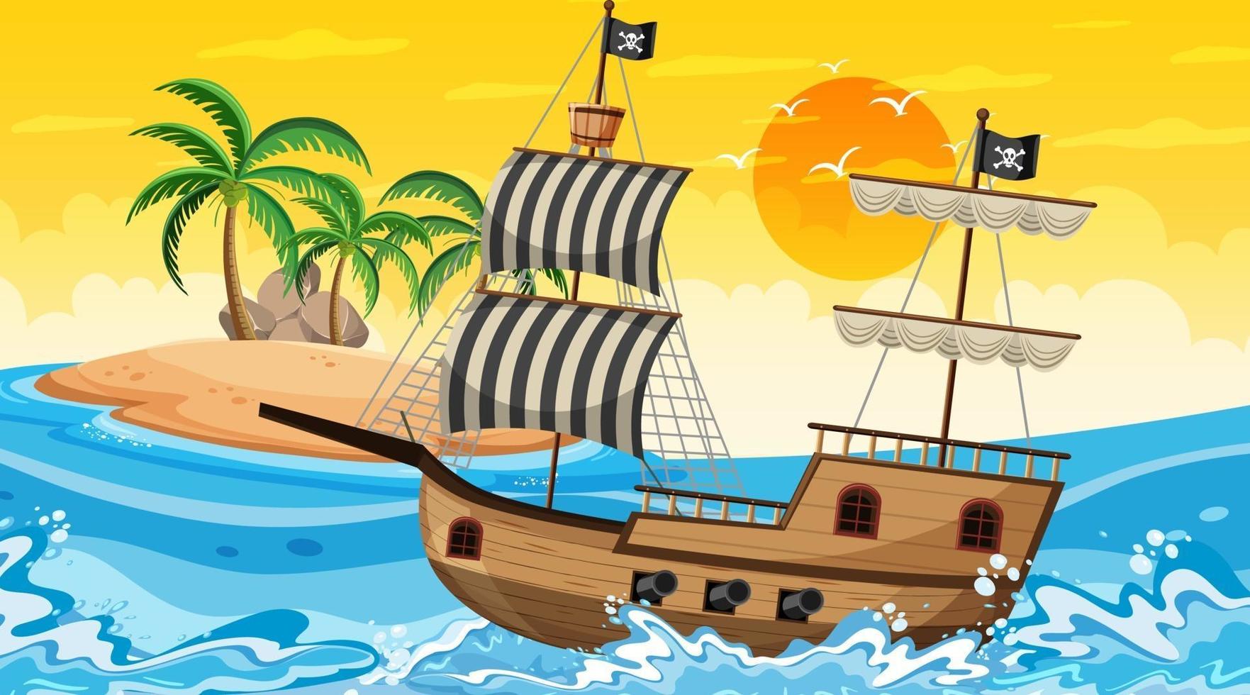 océan avec bateau pirate à la scène du coucher du soleil en style cartoon vecteur