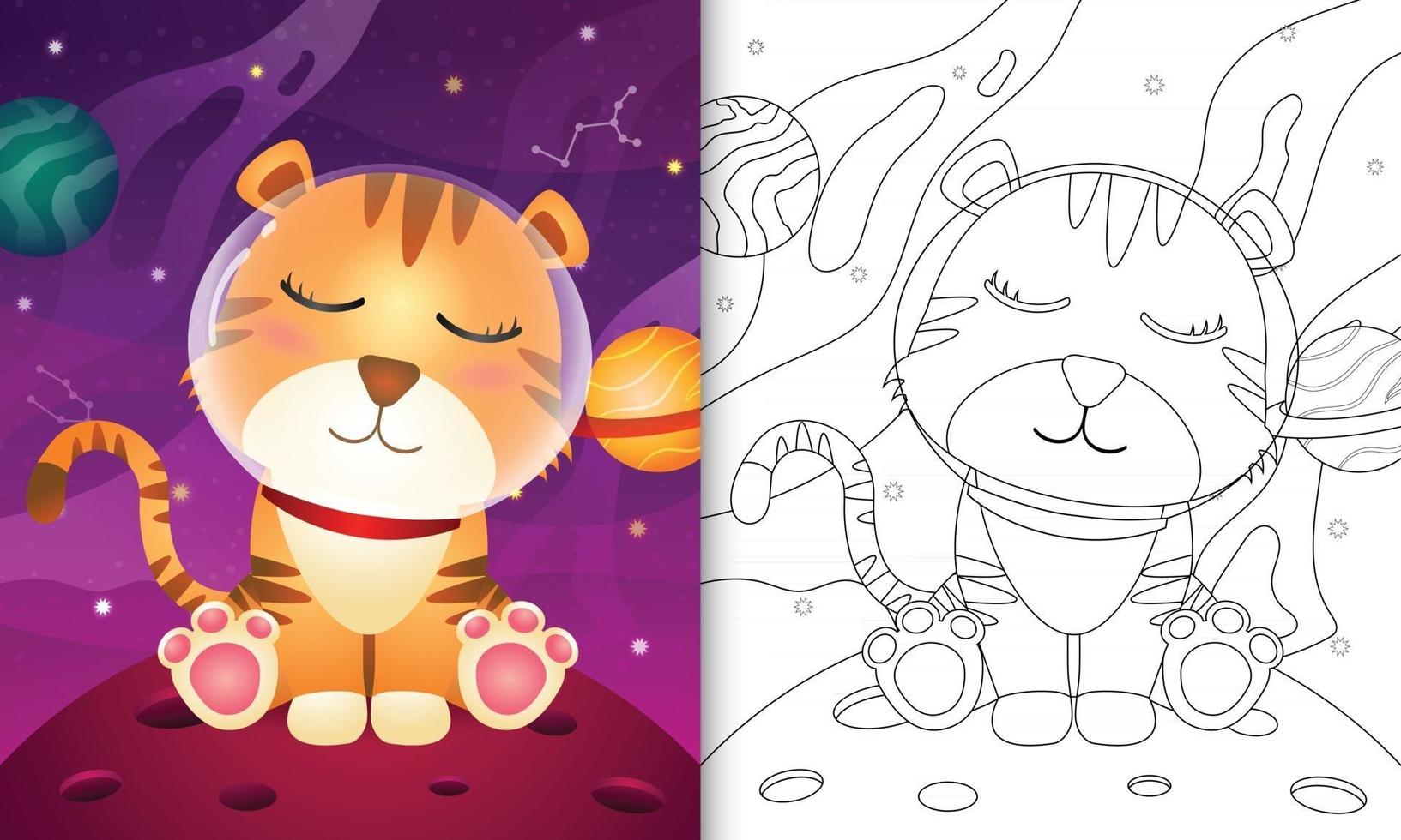 livre de coloriage pour les enfants avec un tigre mignon dans la galaxie de l'espace vecteur