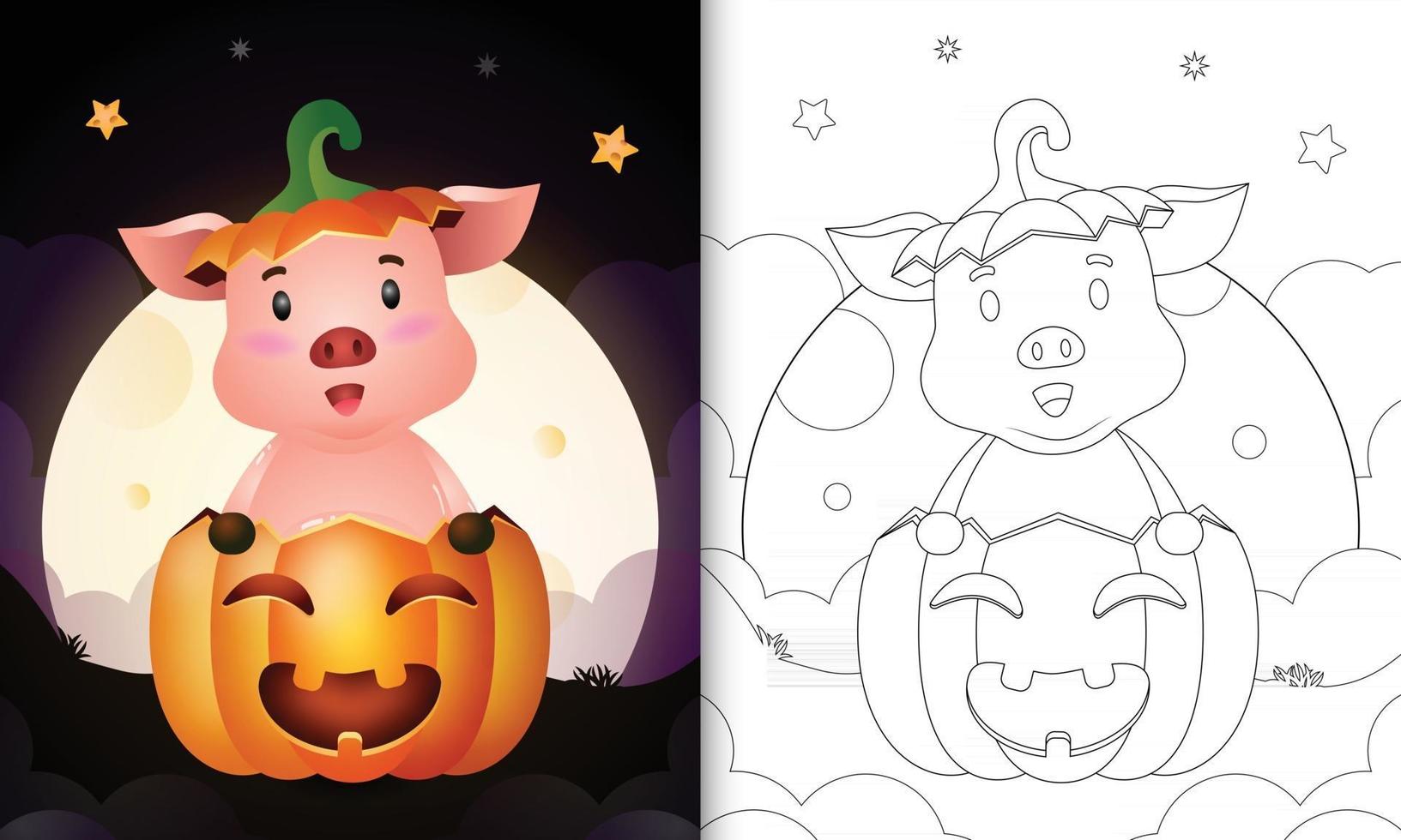 livre de coloriage avec un cochon mignon dans la citrouille d'halloween vecteur