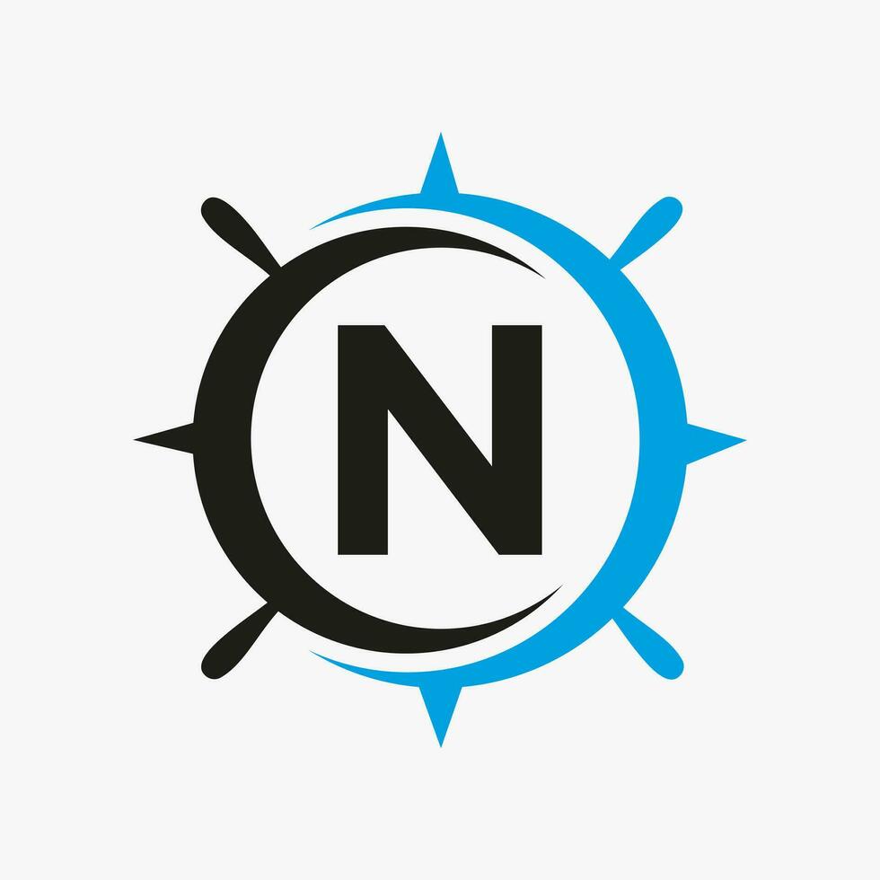 lettre n navire logo concept avec navire roue signe vecteur modèle