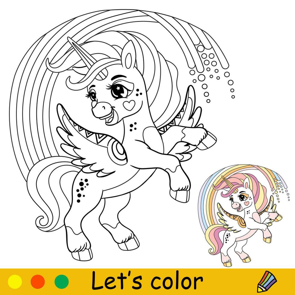 dessin animé Licorne dans le arc en ciel coloration vecteur