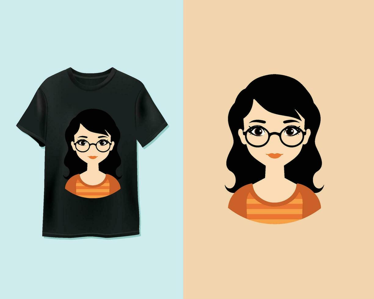 dessin animé fille dans des lunettes sur noir T-shirt vecteur