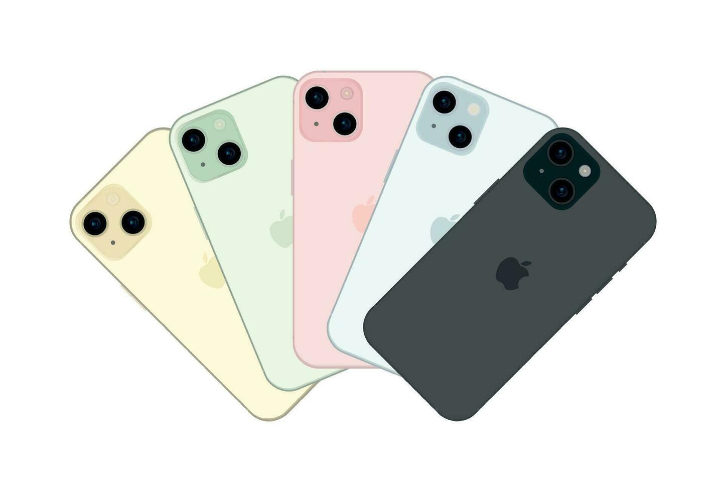 Nouveau Pomme iphone 15, moderne téléphone intelligent gadget, ensemble de 5 pièces dans Nouveau original couleurs - vecteur