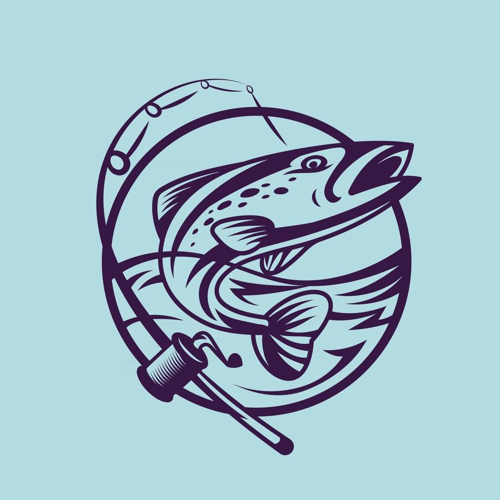 saumon avec canne à pêche. art conceptuel de la pêche dans un style monochrome. vecteur