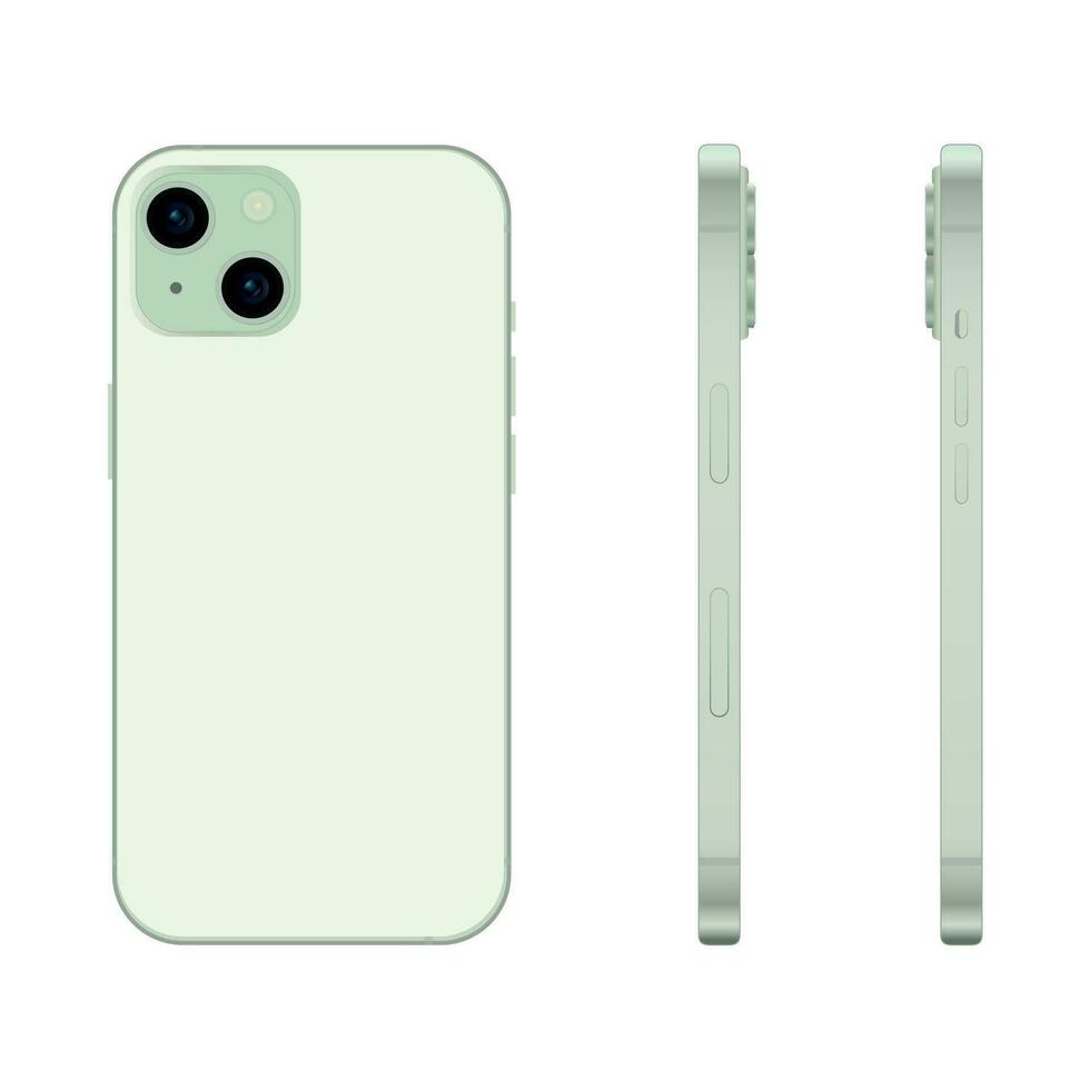 Nouveau vert téléphone intelligent modèle 15, maquette modèle sur blanc Contexte - vecteur