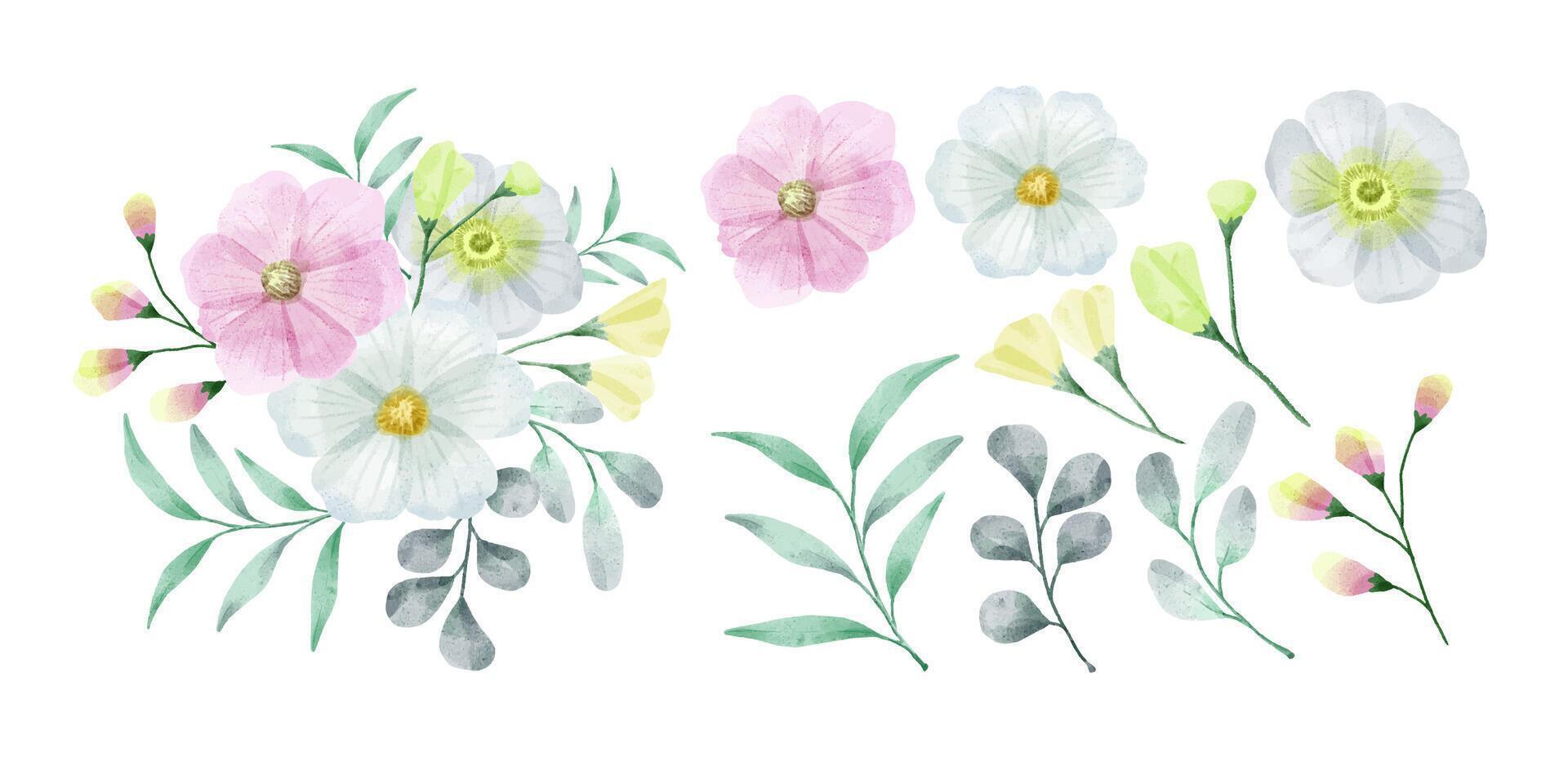 un ensemble de fleurs peintes à l'aquarelle vecteur