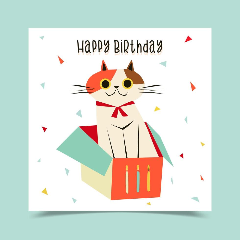 carte d'anniversaire décorée d'un chat assis dans une boîte cadeau vecteur