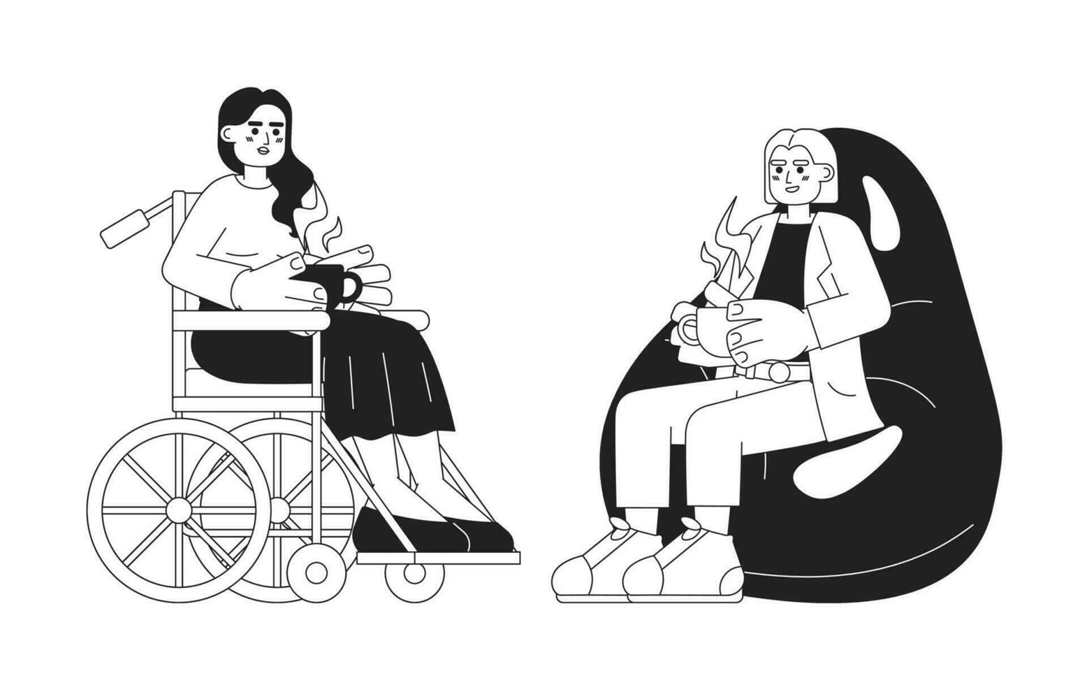 café Pause à travail noir et blanc dessin animé plat illustration. fauteuil roulant femme avec café, Dame relaxant dans haricot chaise linéaire 2d personnages isolé. le déjeuner diverse monochromatique scène vecteur image