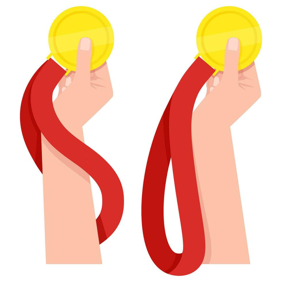 femme main en portant une or médaille avec une rouge ruban vecteur