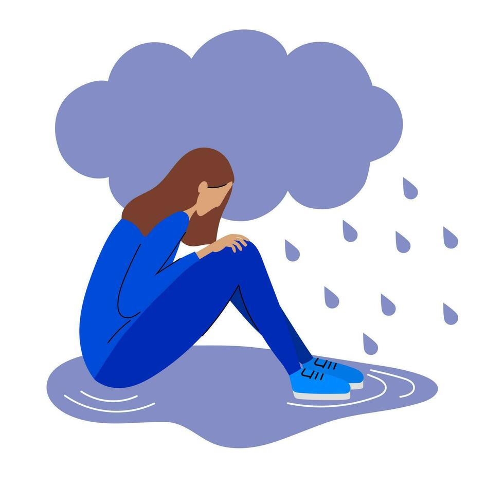femme dans dépression. malheureux pleurs femme. triste séance femme. nuage, pluie et Humain vecteur