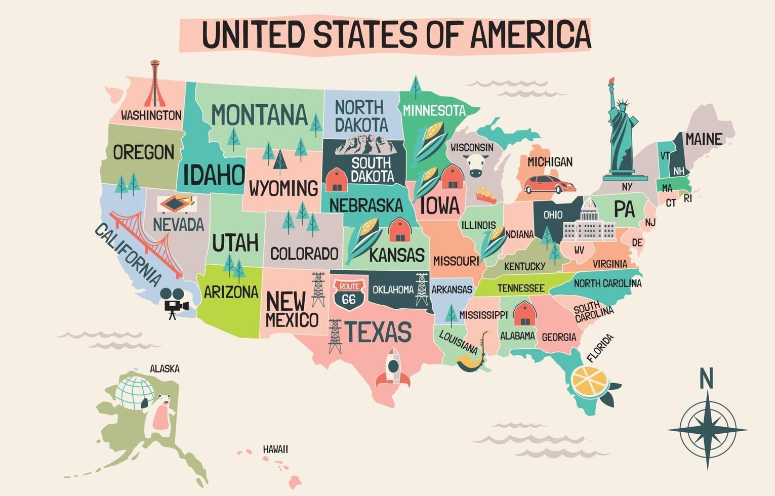 carte des états-unis en style cartoon vecteur