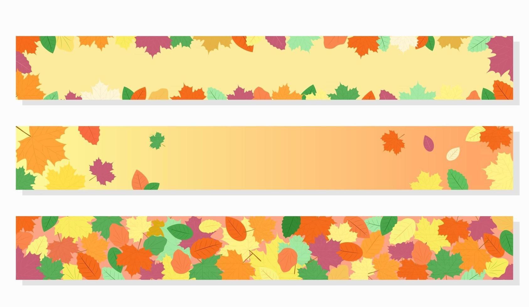 bannières web d'automne. ensemble de vecteurs de modèles. feuilles d'automne sur fond jaune et orange. les bannières conviennent aux ventes d'automne, à la conception de sites Web saisonniers vecteur
