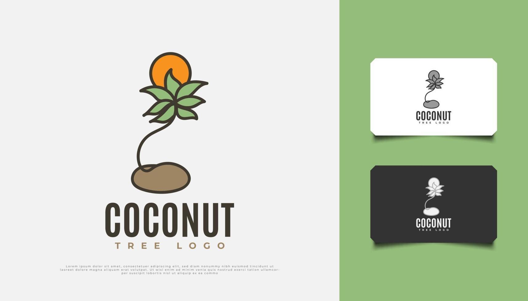 conception de logo de cocotier et de soleil dans un style cartoon adapté à l'industrie de la villégiature, des voyages ou du tourisme vecteur