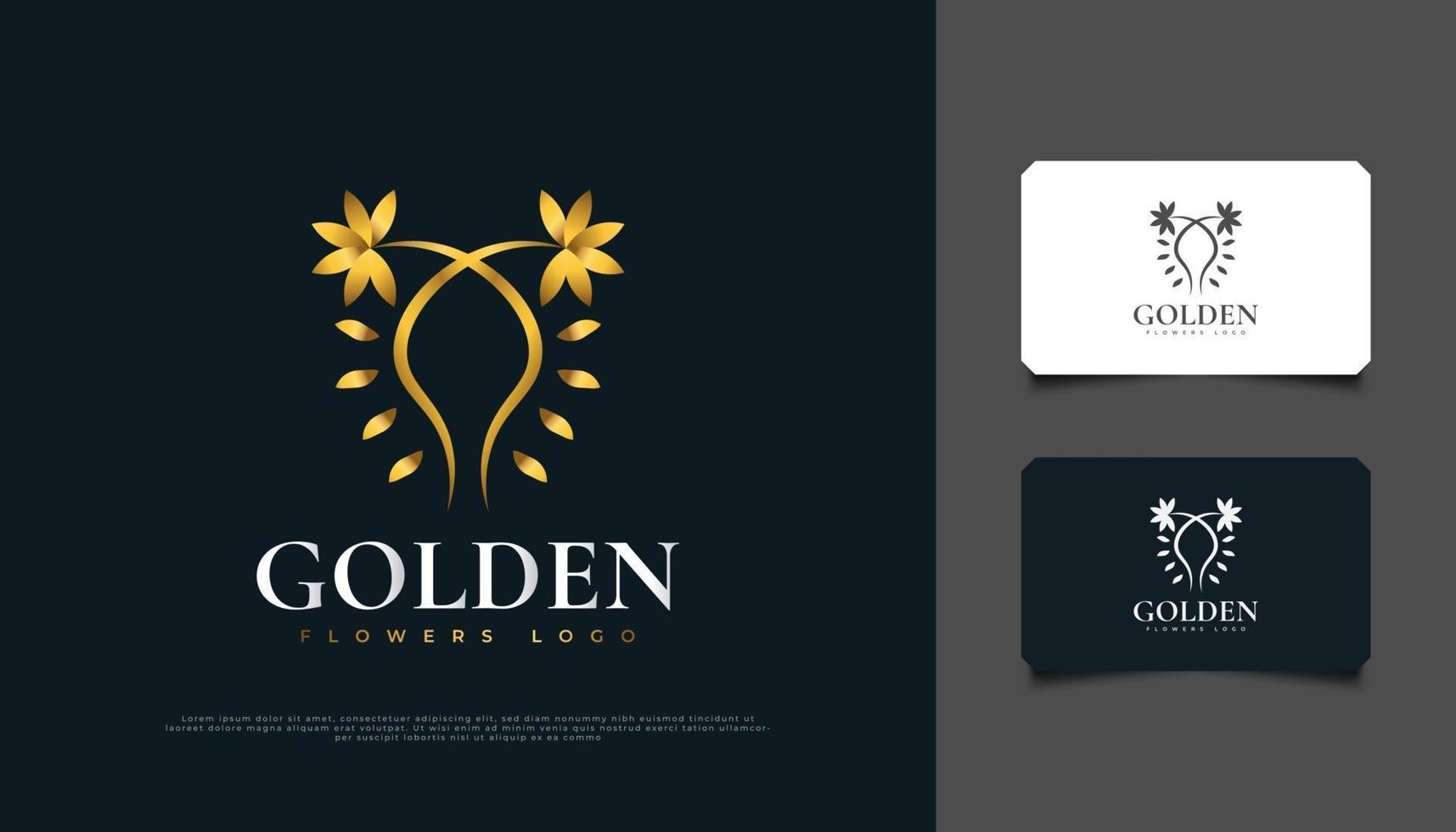 création de logo de fleurs dorées de luxe avec style de ligne, adaptée au spa, à la beauté, aux fleuristes, à la station balnéaire ou aux produits cosmétiques vecteur