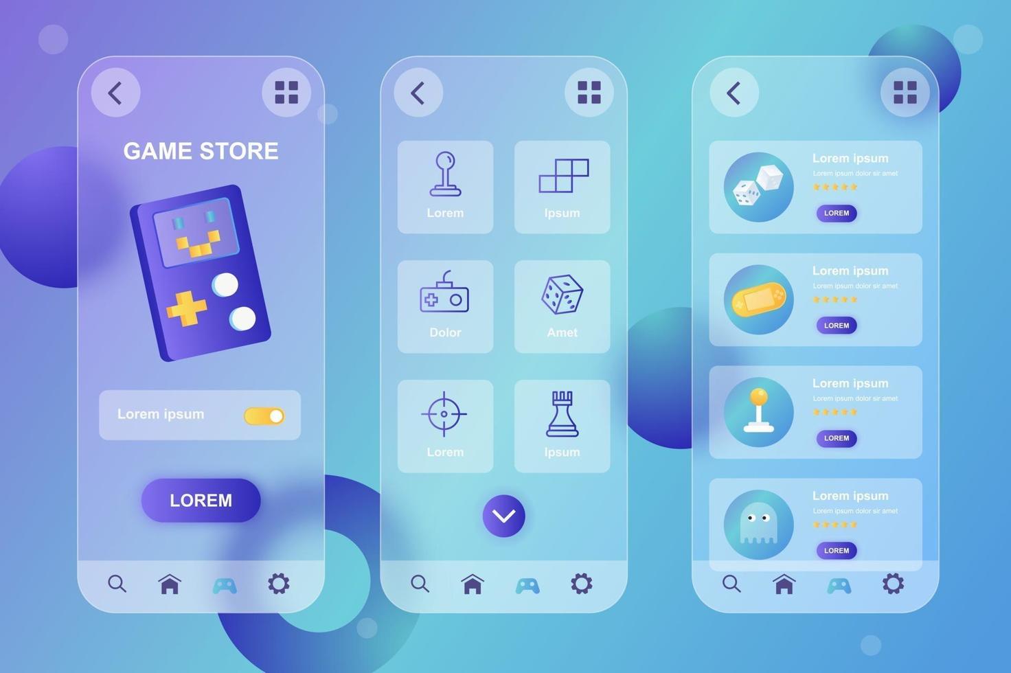 kit d'éléments glassmorphic de magasin de jeux pour application mobile vecteur