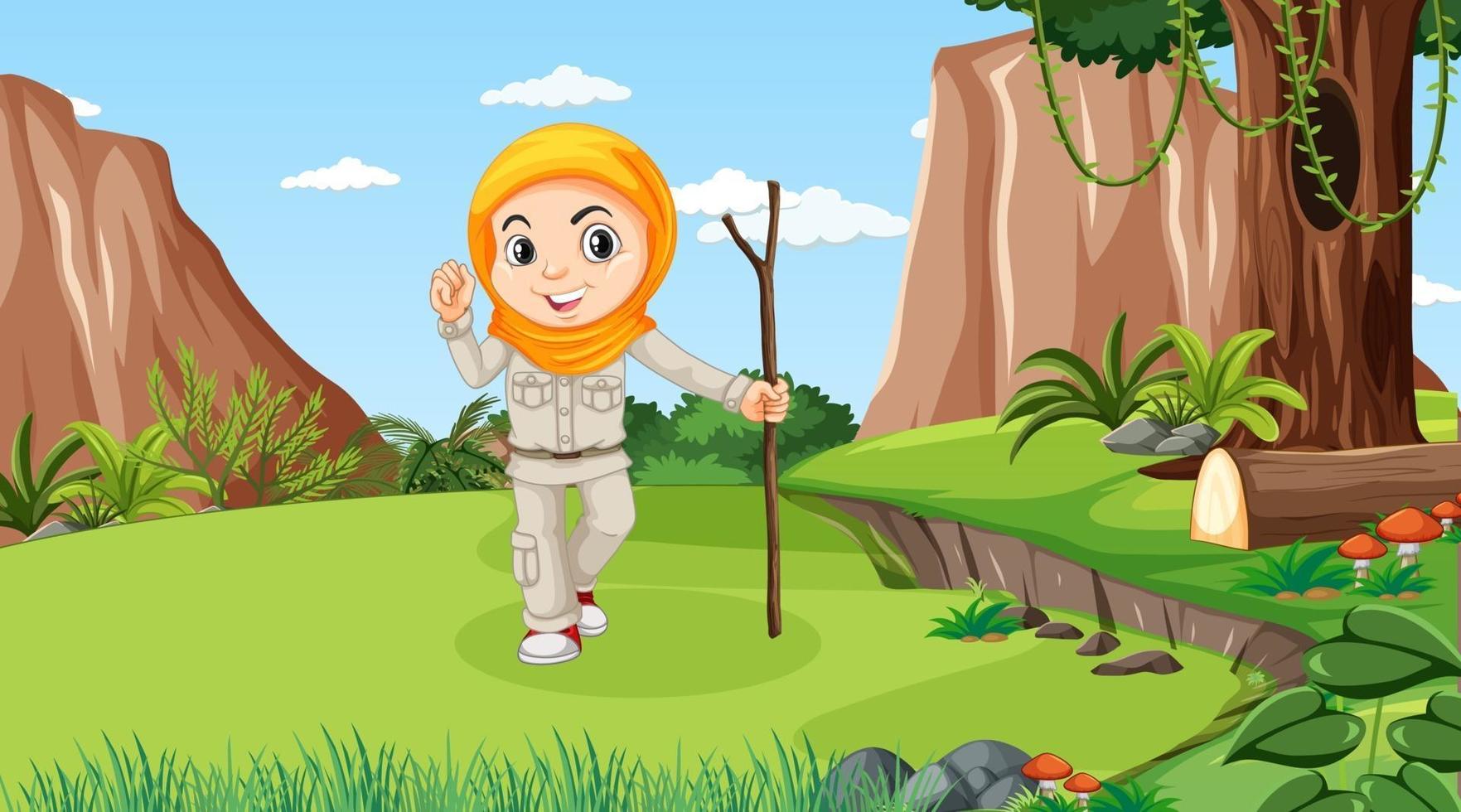 scène de nature avec un personnage de dessin animé de fille musulmane explorant dans la forêt vecteur
