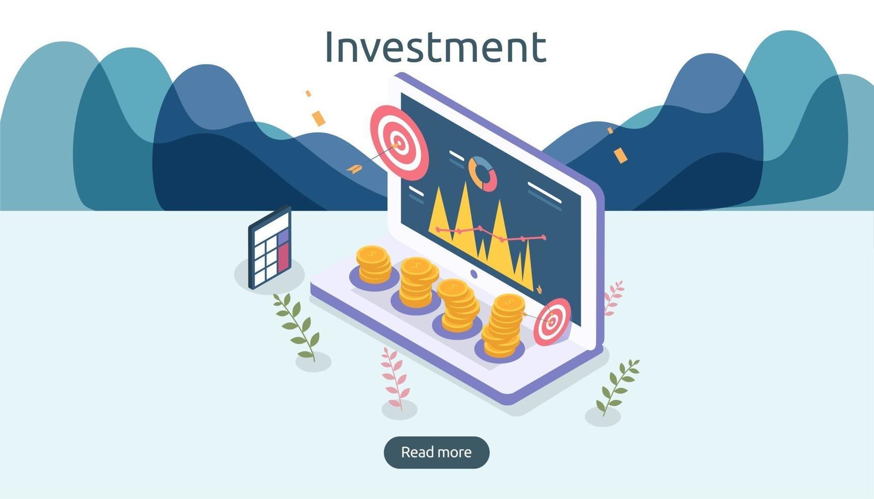 concept de gestion ou de retour sur investissement. stratégie commerciale en ligne pour l'analyse financière. illustration vectorielle de conception isométrique. modèle pour la page de destination Web, la bannière, la présentation, les médias sociaux. vecteur