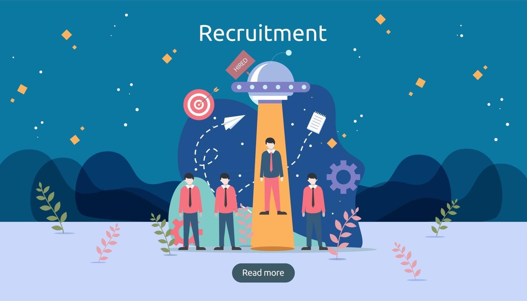 concept de recrutement ou d'embauche en ligne avec un caractère minuscule. sélectionnez un processus de reprise. entretien en agence. modèle pour la page de destination Web, la bannière, la présentation, les médias sociaux. illustration vectorielle vecteur