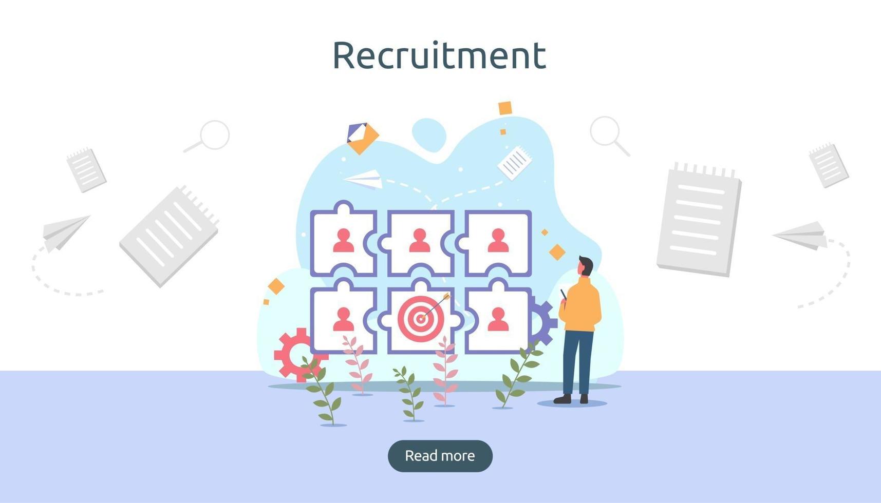 concept de recrutement ou d'embauche en ligne avec un caractère minuscule. sélectionnez un processus de reprise. entretien en agence. modèle pour la page de destination Web, la bannière, la présentation, les médias sociaux. illustration vectorielle vecteur