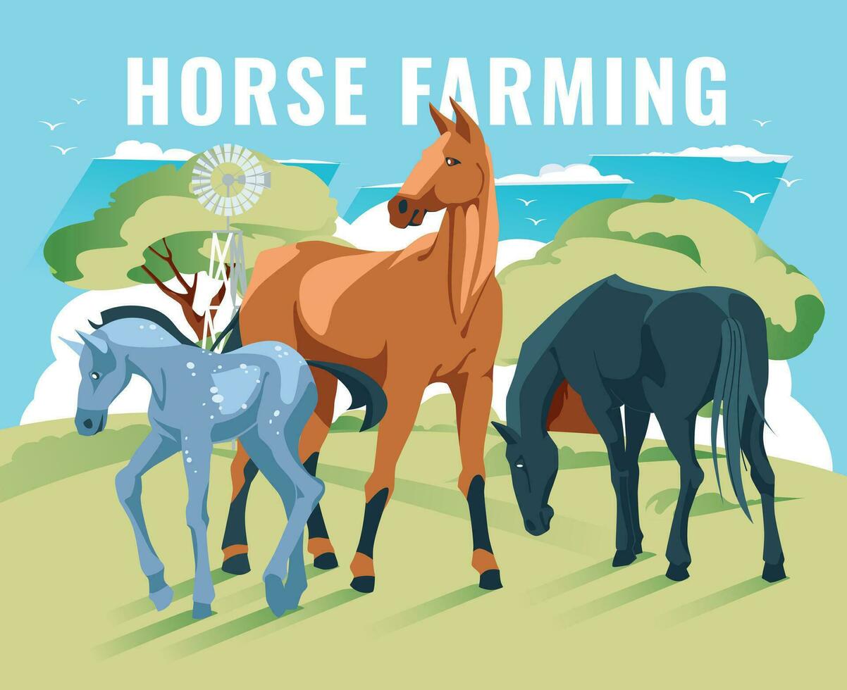 cheval famille sur une vert Prairie contre le Contexte de des arbres et bleu ciel. vecteur plat illustration. agriculture, agriculture et bétail reproduction
