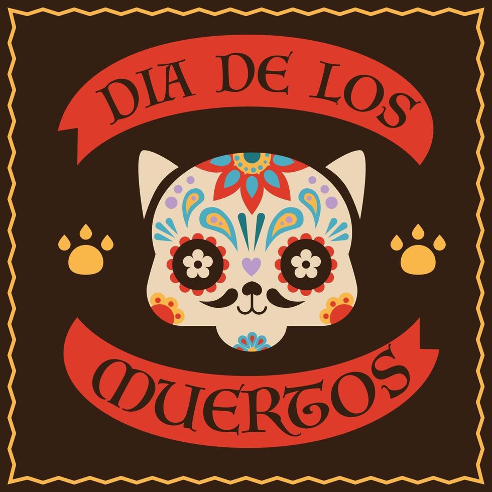 illustration de l'affiche du jour de la fête traditionnelle mexicaine des morts. visage de chat avec des motifs colorés. vecteur