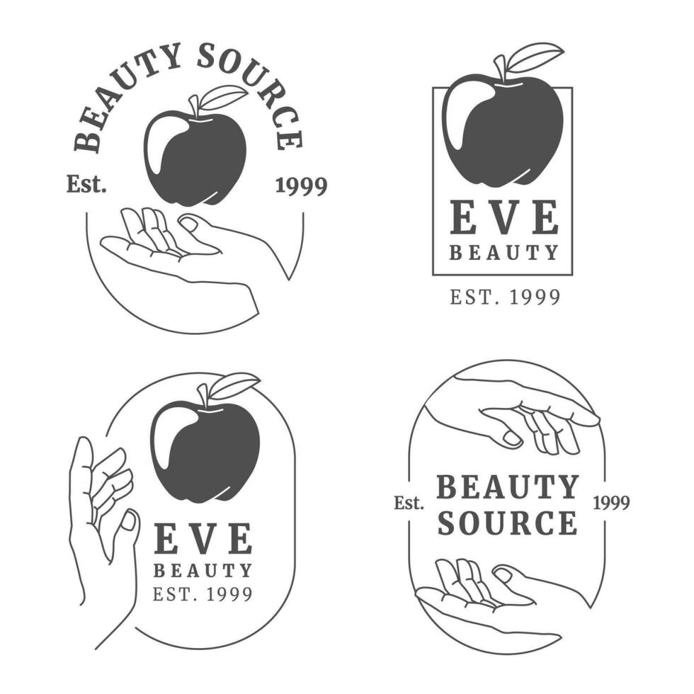 ensemble de logos avec une main en portant un Pomme. minimal linéaire style. art nouveau style. vecteur emblème et icône pour beauté salon, spa, mode magasin, cosmétique marque. vecteur plat illustration.