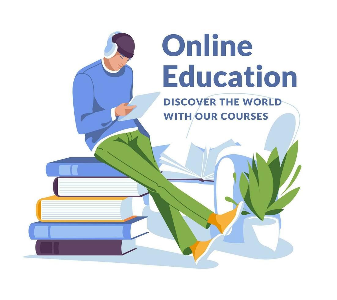 Jeune homme en train d'étudier à Accueil en utilisant portable. énorme livres. en ligne éducation concept. plat vecteur illustration