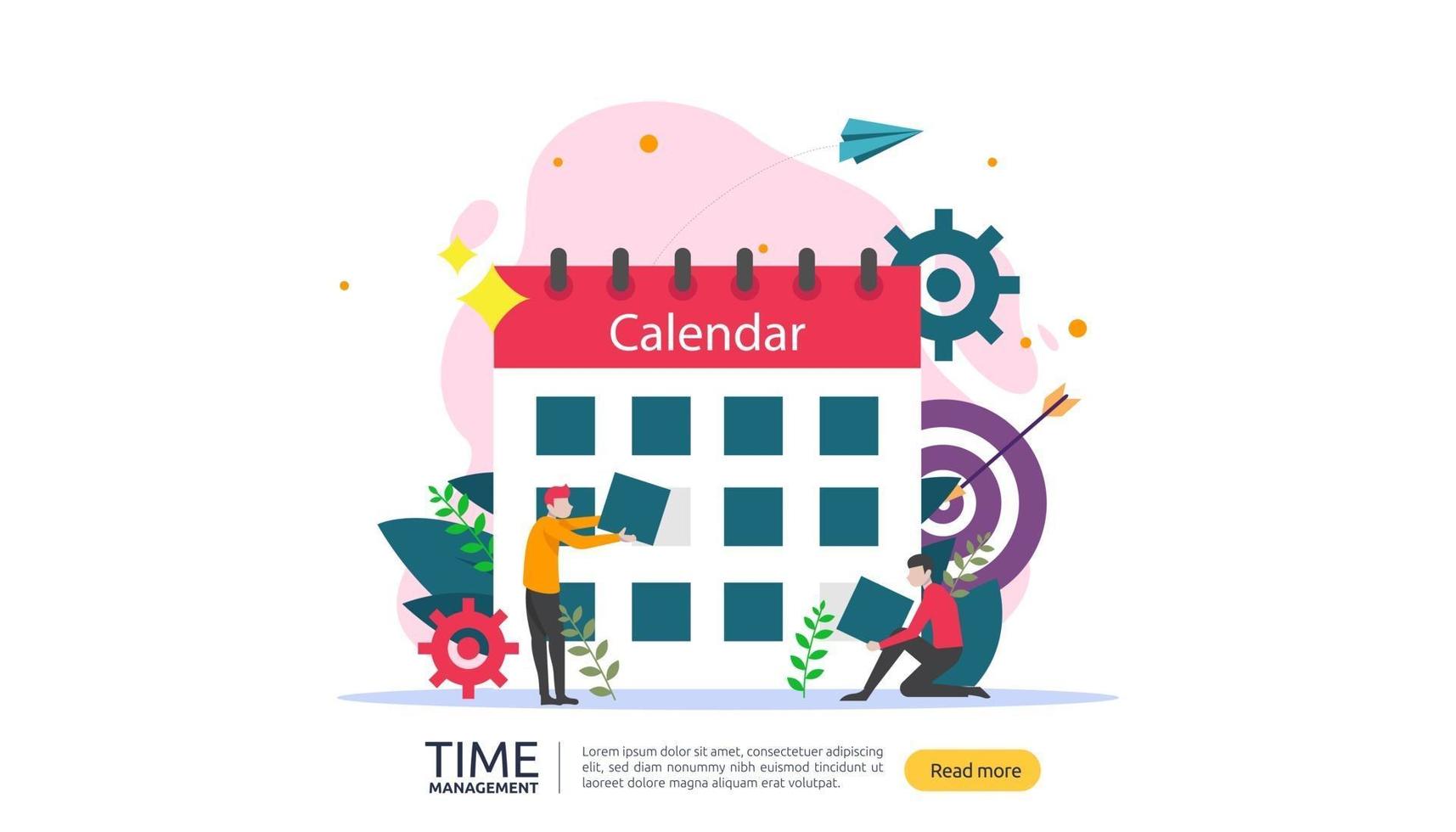 concept de gestion du temps et de procrastination. planification et stratégie pour les solutions commerciales avec horloge, calendrier et personnage minuscule pour la présentation, les médias sociaux et imprimés. illustration vectorielle vecteur