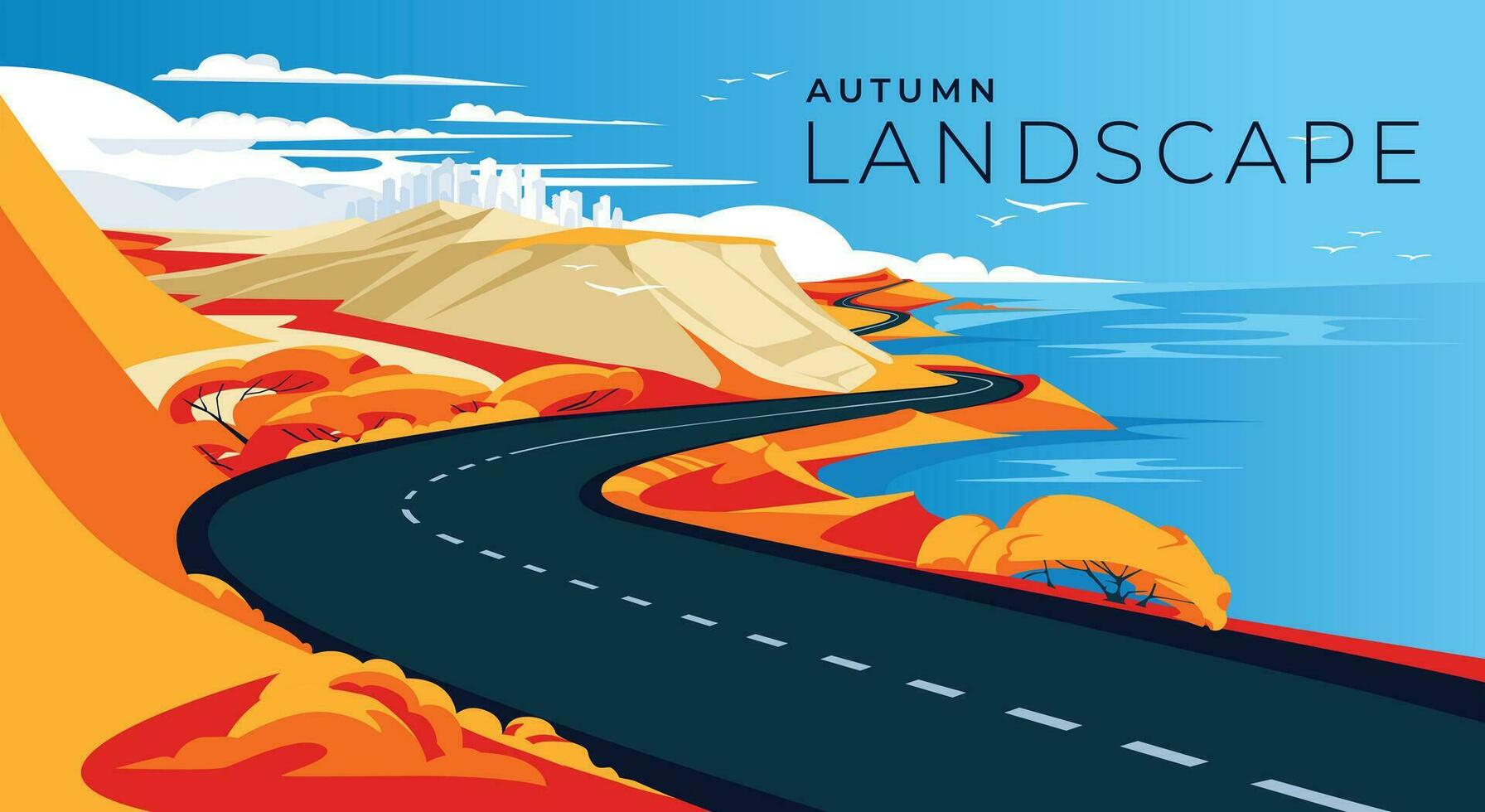 mer Autoroute l'automne paysage. bleu ciel, ensoleillé journée. Jaune des arbres et herbe. esprit de vacances Voyage. vecteur illustration