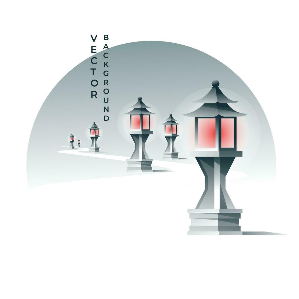 traditionnel asiatique temple lanternes sur le route. brouillard, pente. vecteur illustration