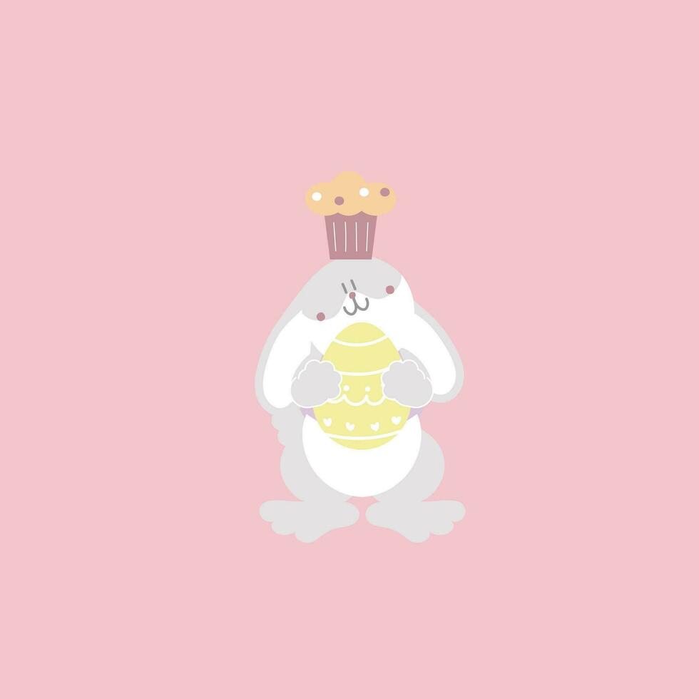 content Pâques Festival avec animal animal de compagnie lapin lapin, petit gâteau et œuf, pastel couleur, plat vecteur illustration dessin animé personnage