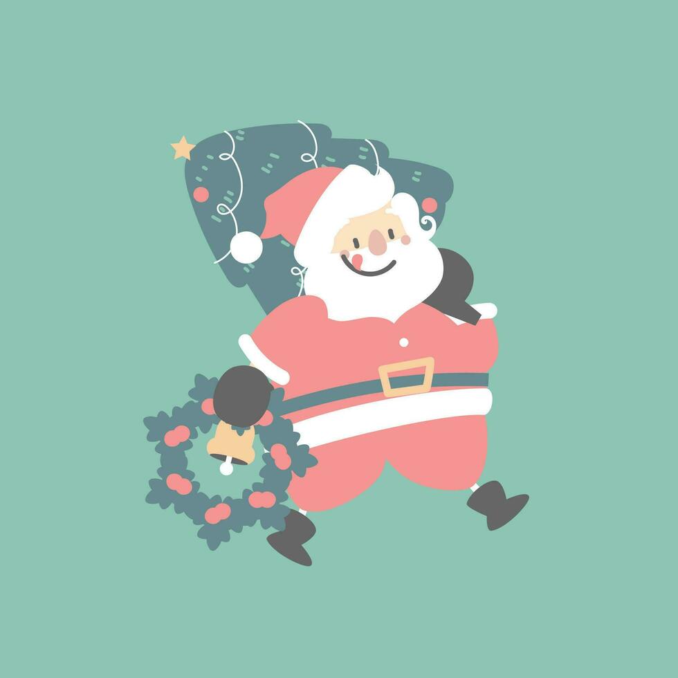 joyeux Noël et content Nouveau année avec mignonne Père Noël claus en portant Noël arbre pin et couronne dans le hiver saison vert arrière-plan, plat vecteur illustration dessin animé personnage costume conception