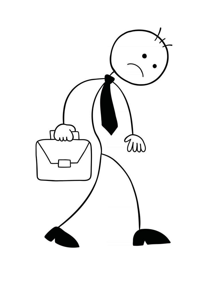 stickman, homme affaires, caractère, malheureux, et, marche, à, serviette, vecteur, dessin animé, illustration vecteur