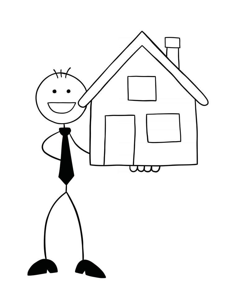 stickman, homme affaires, caractère, heureux, et, tenue, les, maison, vecteur, dessin animé, illustration vecteur