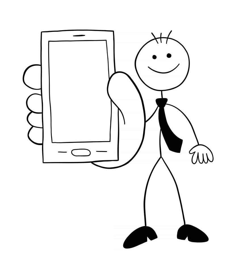 stickman, homme affaires, caractère, projection, les, smartphone, écran, vecteur, dessin animé, illustration vecteur