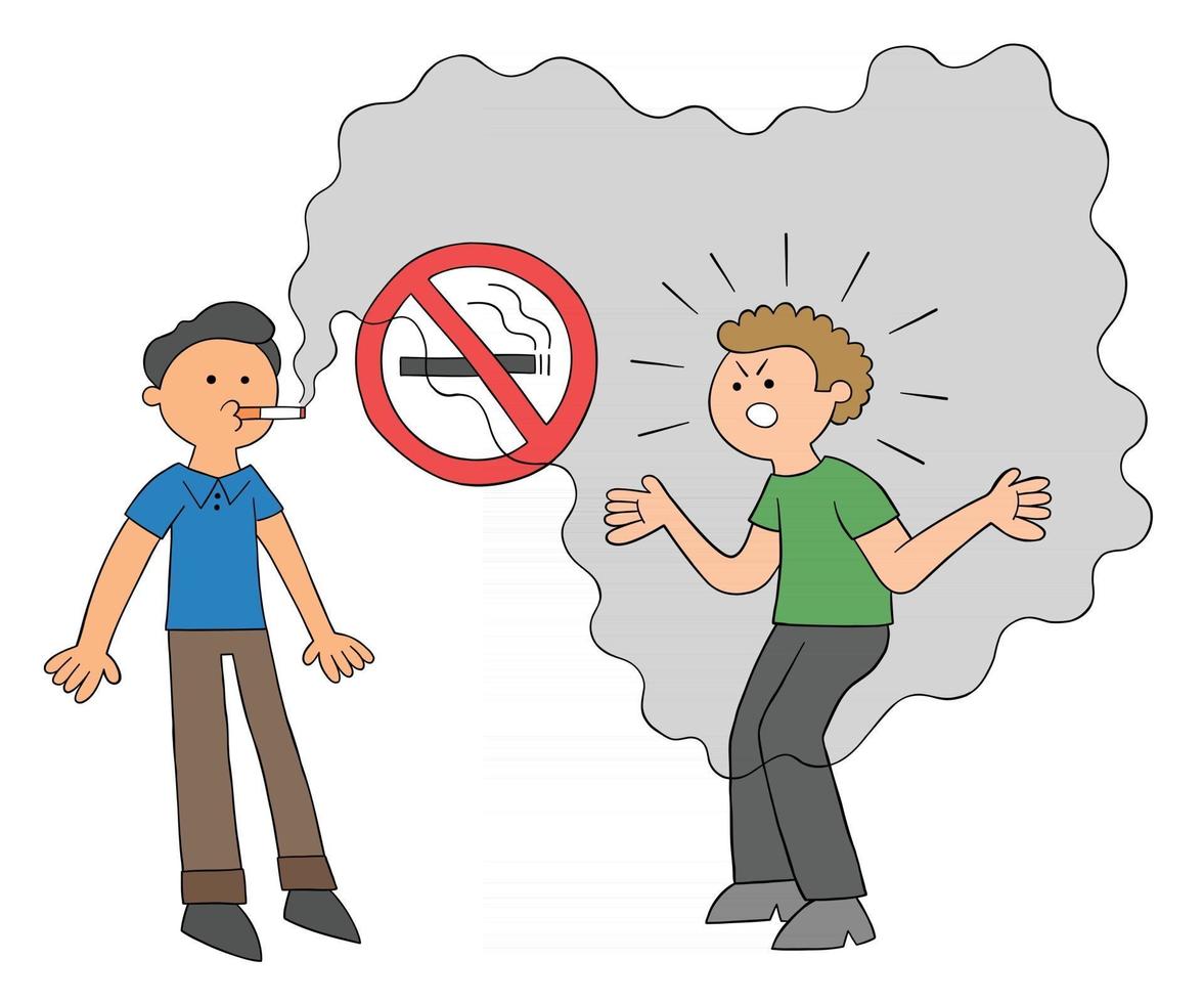 homme de dessin animé fumant dans un endroit où il est interdit de fumer et l'autre homme se fâche illustration vectorielle vecteur