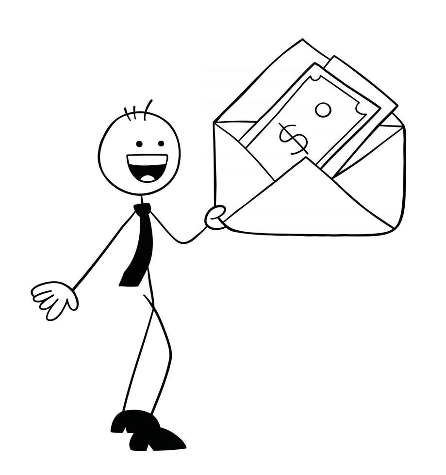 personnage d'homme d'affaires stickman tenant une enveloppe et il y a de l'argent dedans illustration de dessin animé de vecteur
