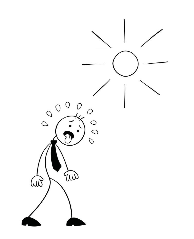 le personnage d'homme d'affaires stickman marche par temps chaud et sa langue est sortie illustration vectorielle de dessin animé vecteur