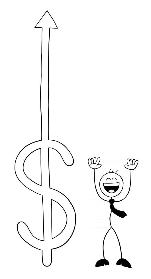 le dollar est en hausse et le personnage d'homme d'affaires de stickman est si heureux illustration de dessin animé de vecteur