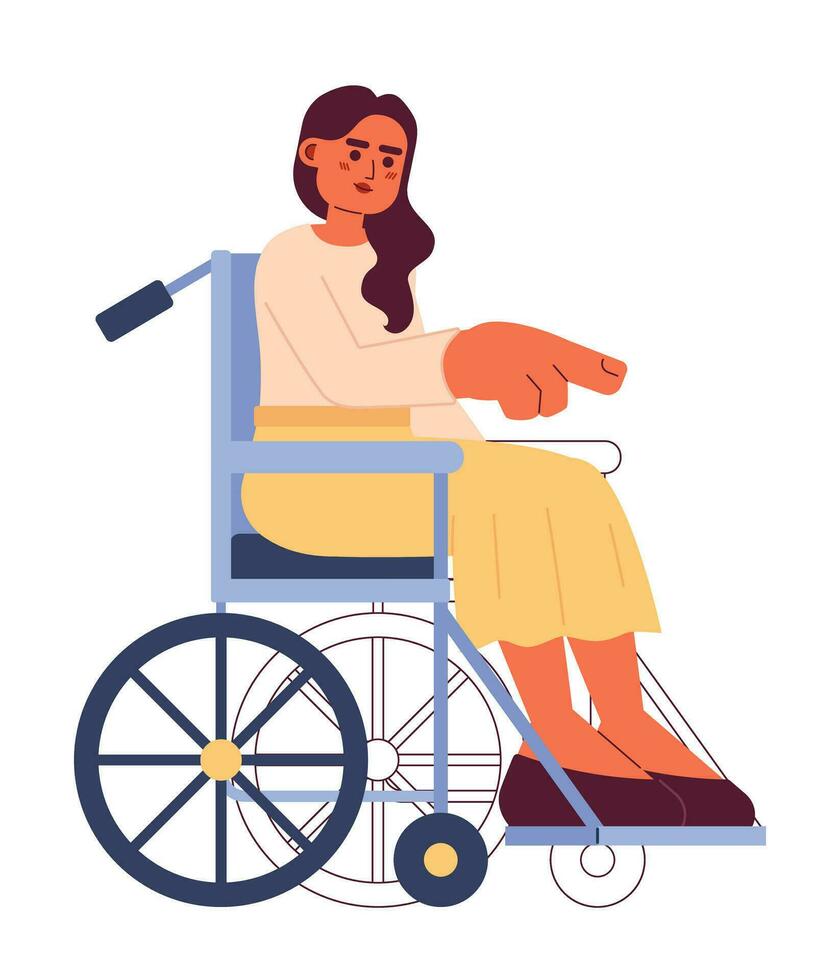 fauteuil roulant Jeune femme montrer du doigt avec doigt 2d dessin animé personnage. Indien Jeune adulte femelle avec invalidité isolé vecteur la personne blanc Contexte. mobilité paraplégique Couleur plat place illustration