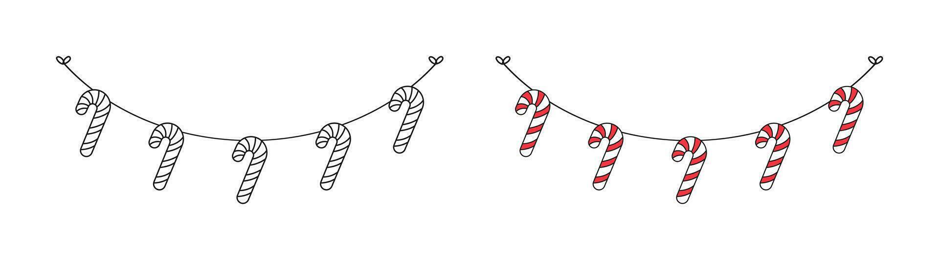 bonbons canne guirlande griffonnage ligne art ensemble vecteur illustration, Noël graphique de fête hiver vacances saison bruant