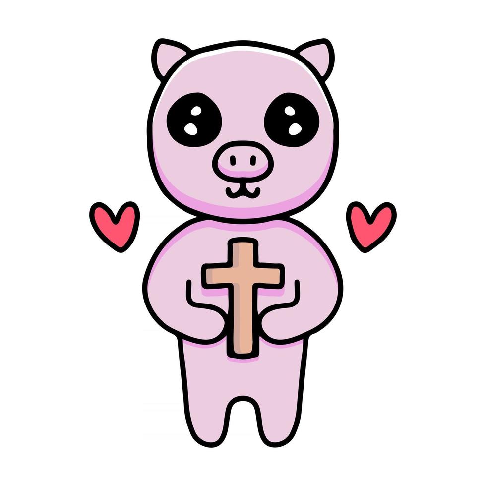 dessin animé cochon kawaii tenant une croix. illustration pour autocollants et vêtements vecteur