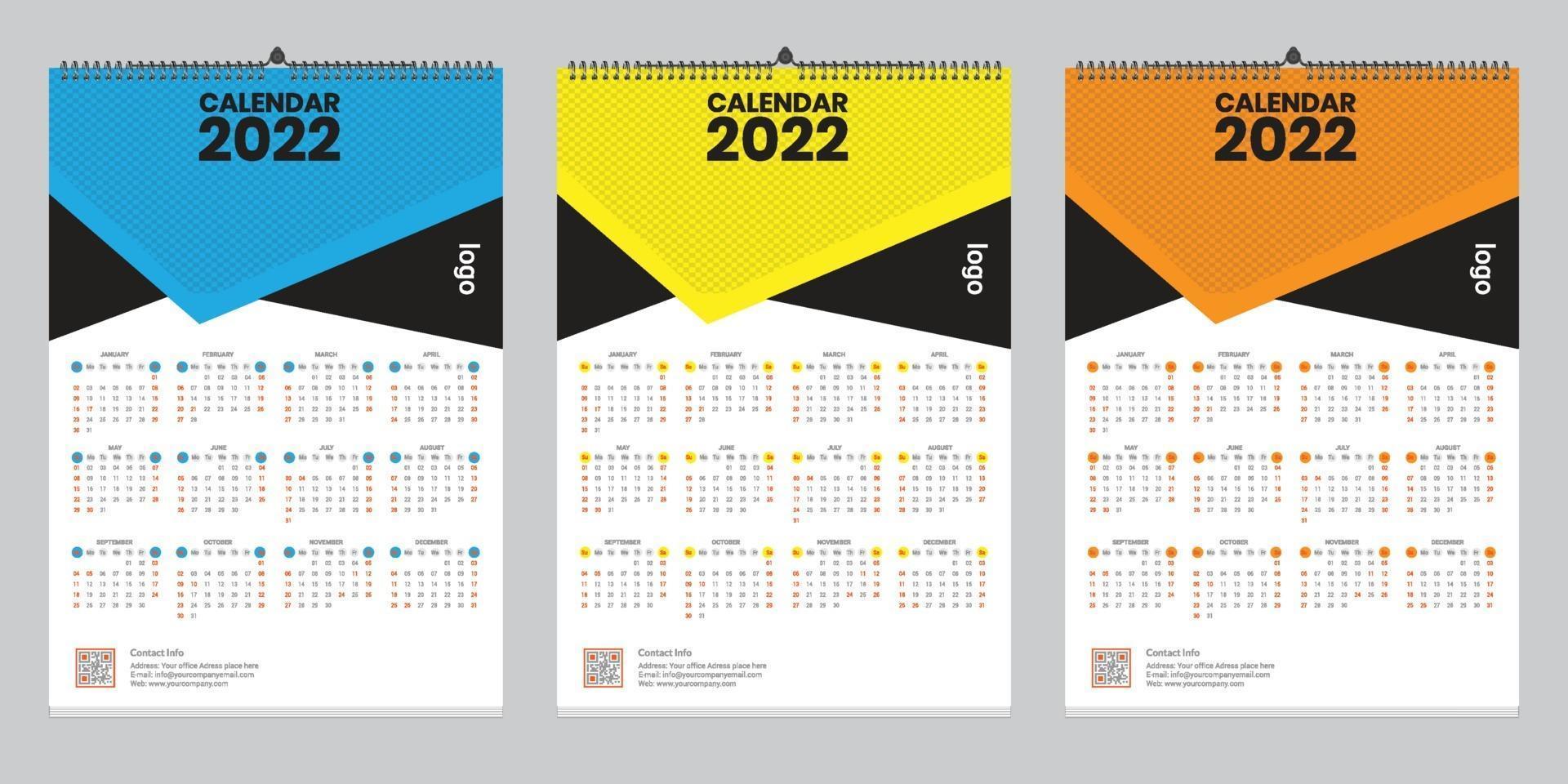 conception de modèle de calendrier mural unique 2022 avec vecteur. agenda avec place pour la photo. vecteur