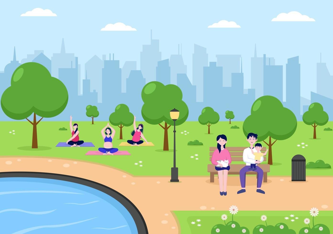 illustration du parc de la ville pour les personnes faisant du sport, de la détente, du jeu ou des loisirs avec un arbre vert et une pelouse. paysage urbain vecteur