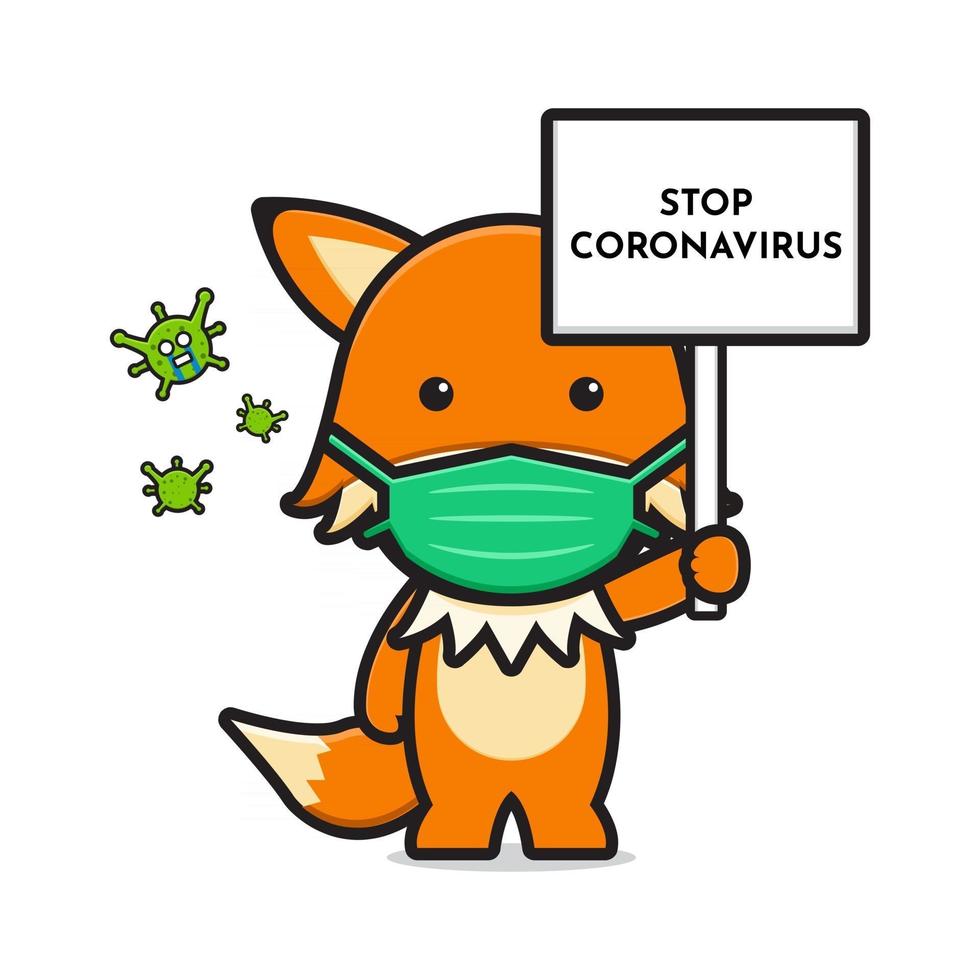 renard mignon portant un masque arrêter l'icône de dessin animé de virus corona illustration vectorielle vecteur