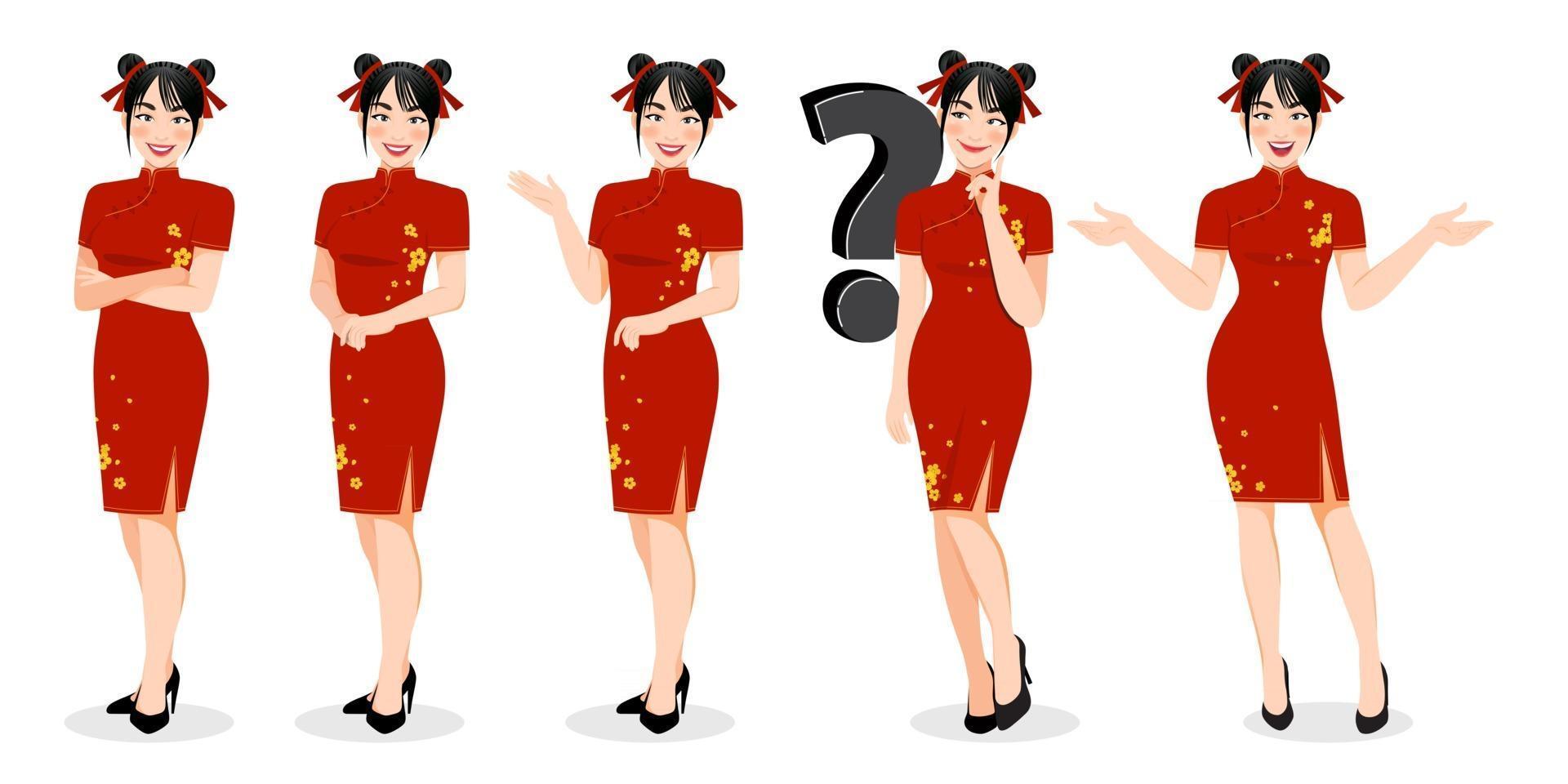 fille chinoise en robe mandarine avec personnage de dessin animé du festival du nouvel an chinois sur fond blanc illustration vectorielle vecteur