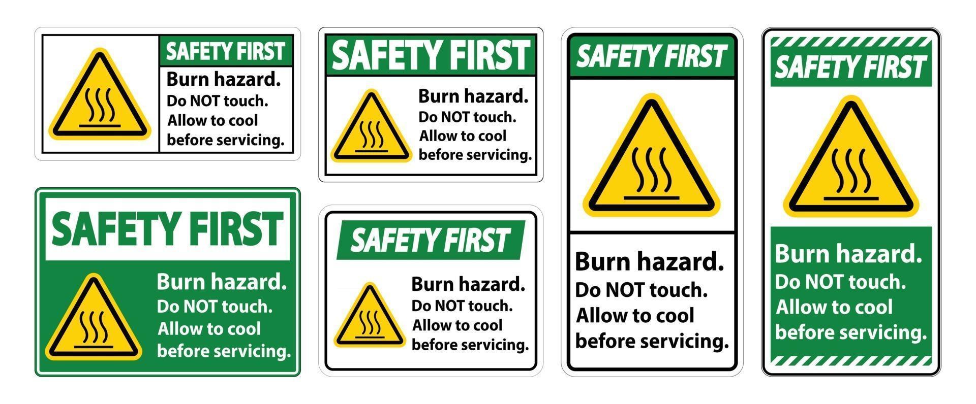 Sécurité d'abord sécurité des brûlures, ne touchez pas le signe de l'étiquette sur fond blanc vecteur