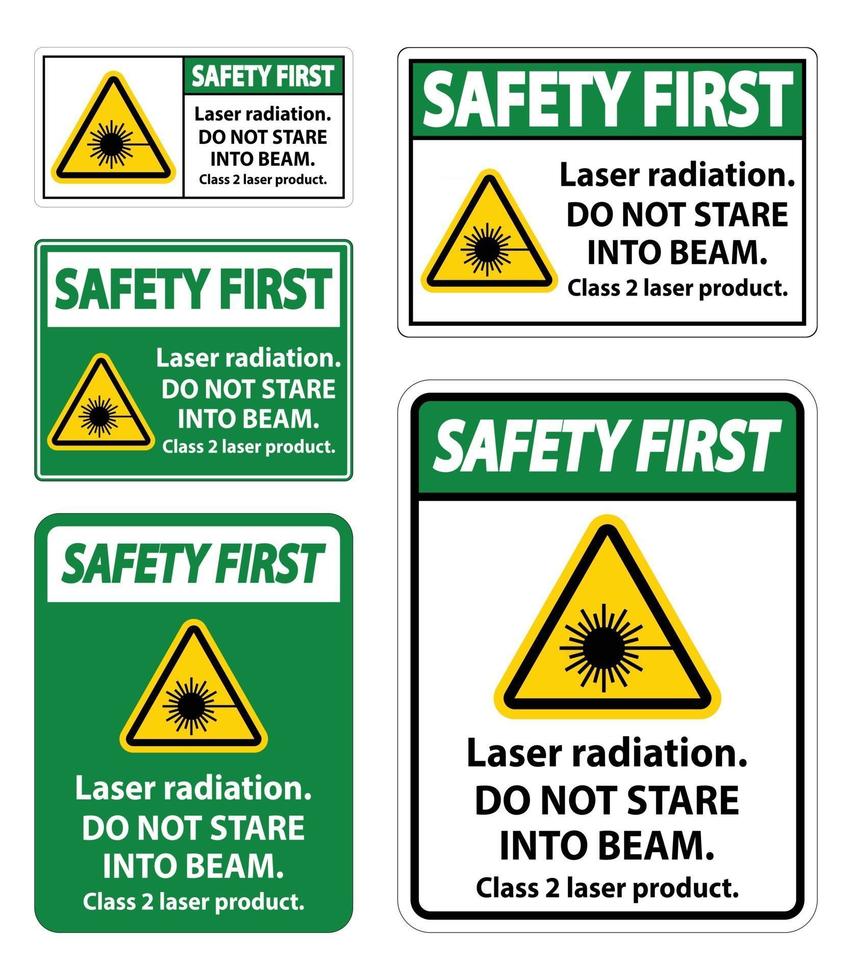 premier rayonnement laser de sécurité, ne regardez pas dans le faisceau, signe de produit laser de classe 2 sur fond blanc vecteur