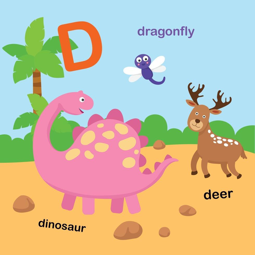 illustration isolé alphabet lettre d-deer,dinosaure,libellule.vector vecteur